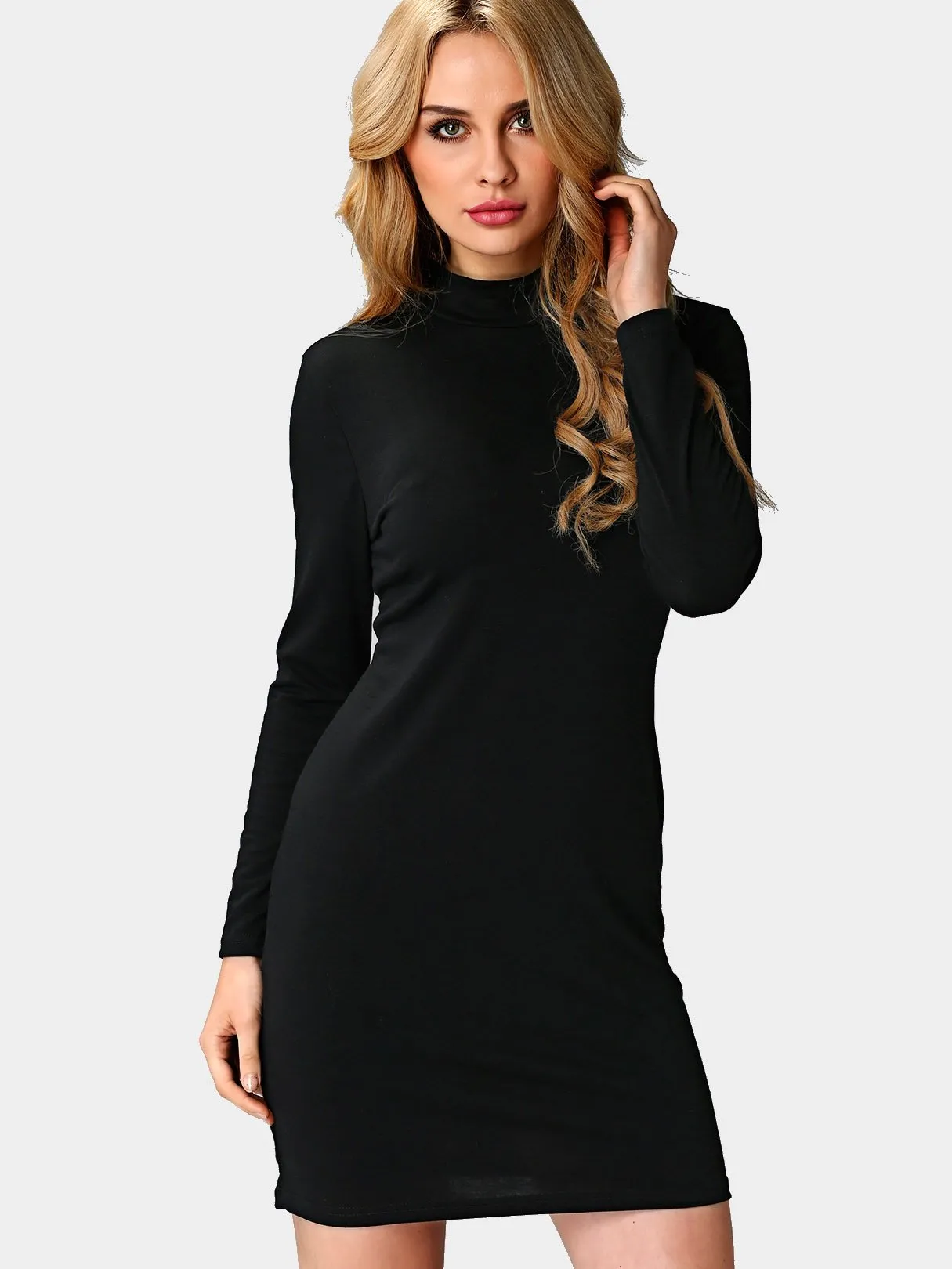 Wholesale Crew Neck High Neck Long Sleeve Plain Bodycon Mini Dresses