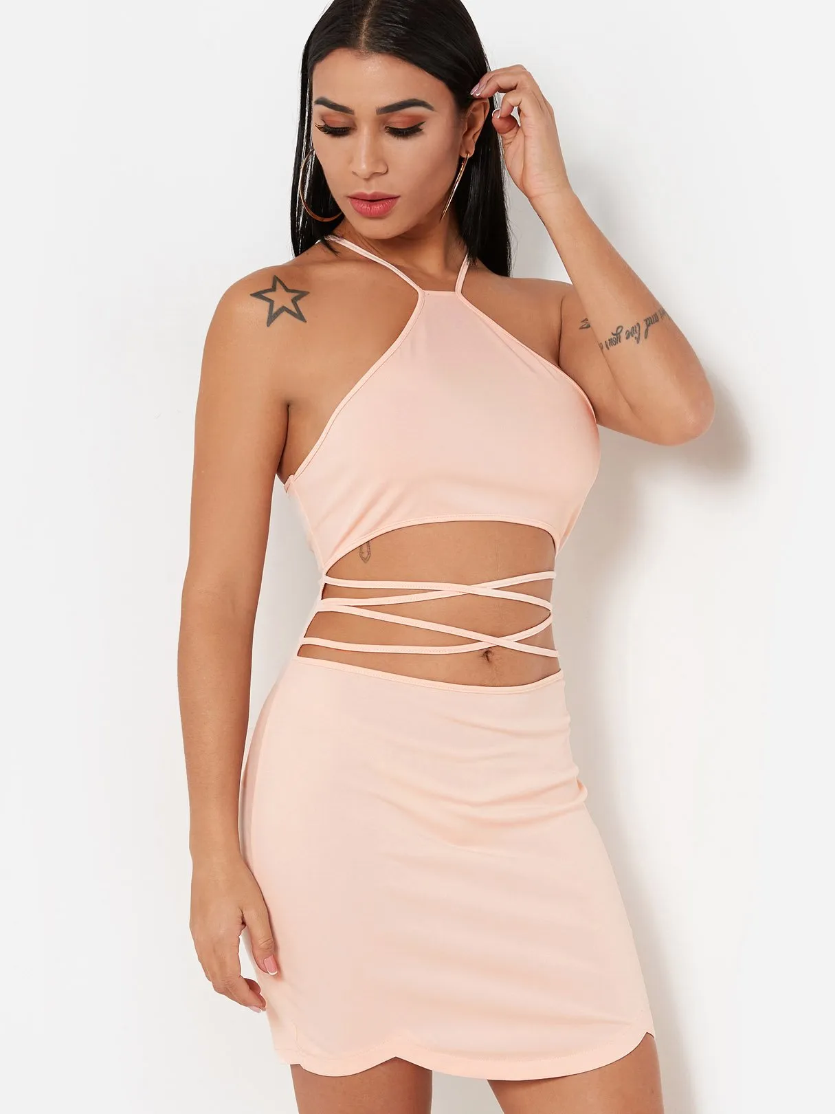Wholesale Halter Sleeveless Zip Back Lace-Up Cut Out Mini Dress