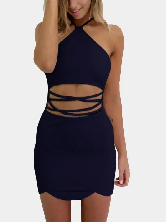 Wholesale Halter Sleeveless Zip Back Lace-Up Cut Out Mini Dress
