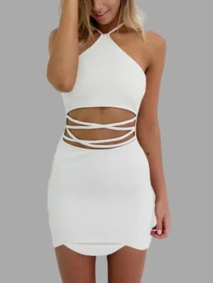 Wholesale Halter Sleeveless Zip Back Lace-Up Cut Out Mini Dress