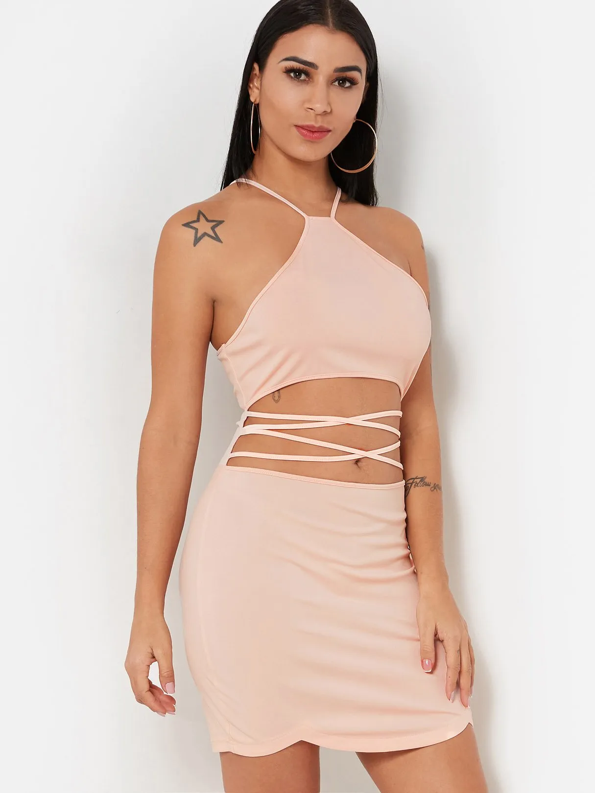 Wholesale Halter Sleeveless Zip Back Lace-Up Cut Out Mini Dress