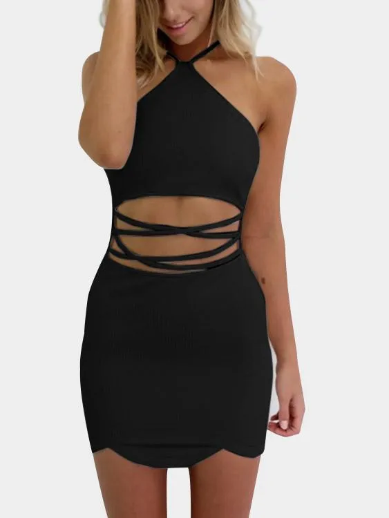 Wholesale Halter Sleeveless Zip Back Lace-Up Cut Out Mini Dress