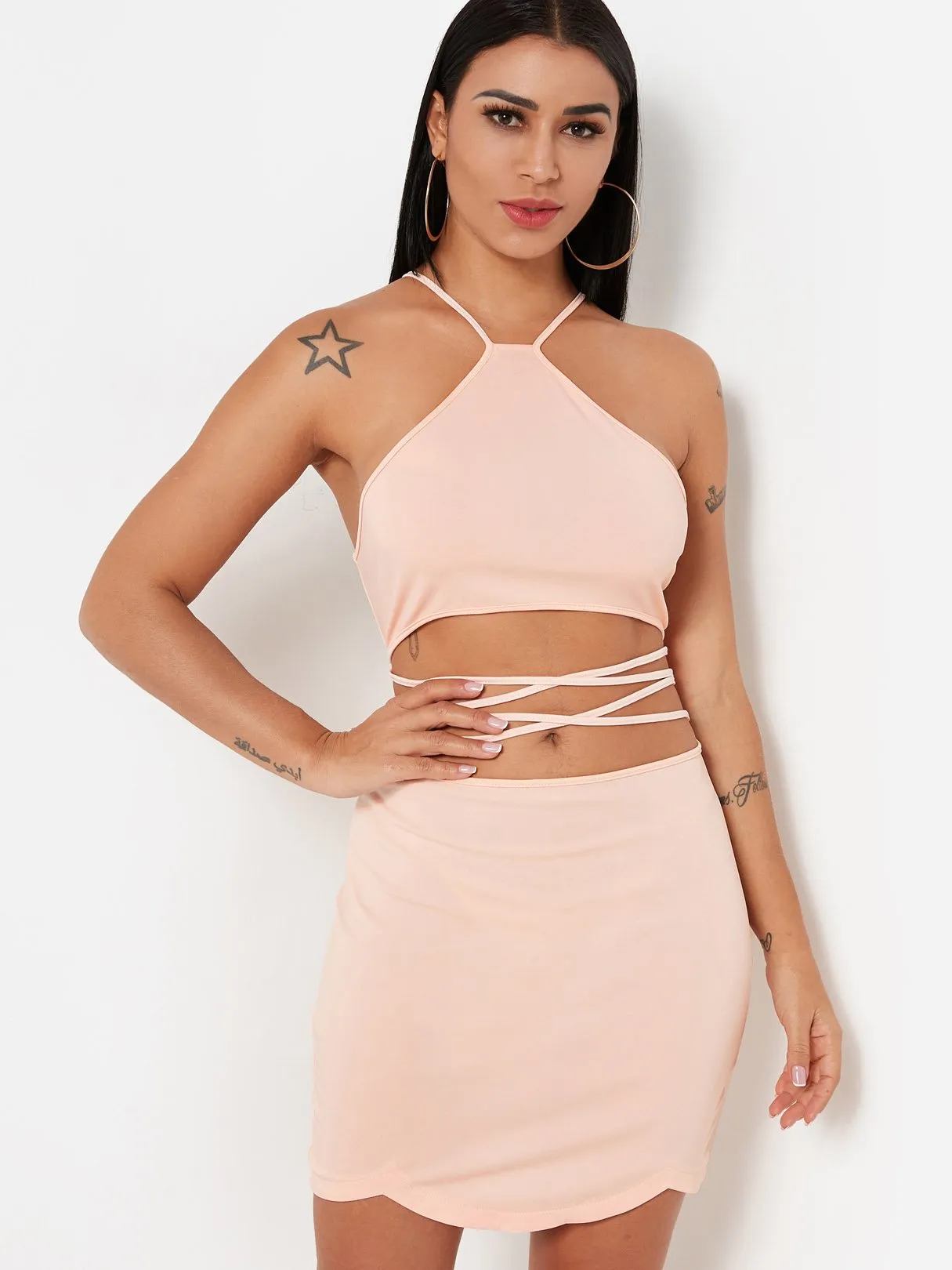 Wholesale Halter Sleeveless Zip Back Lace-Up Cut Out Mini Dress