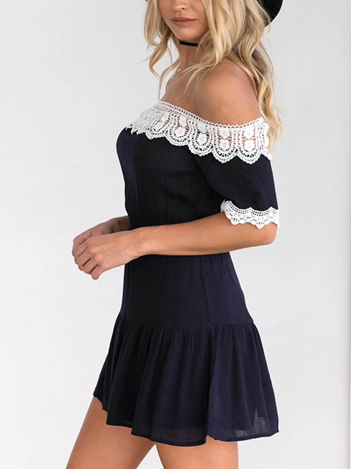 Wholesale Navy Off The Shoulder Short Sleeve Lace Backless Mini Dress