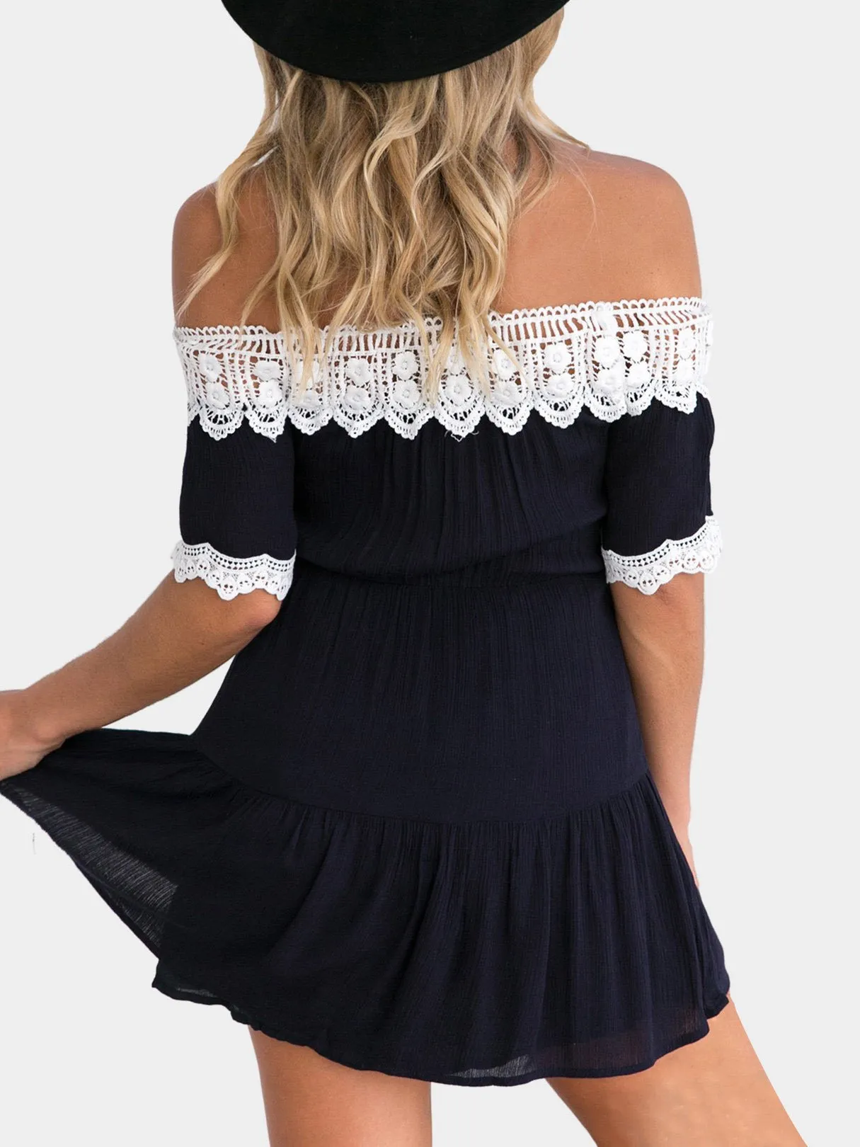Wholesale Navy Off The Shoulder Short Sleeve Lace Backless Mini Dress