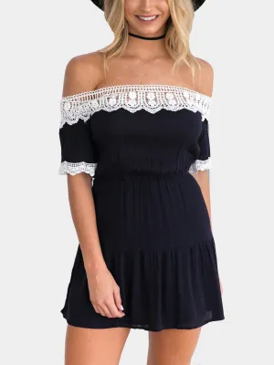 Wholesale Navy Off The Shoulder Short Sleeve Lace Backless Mini Dress