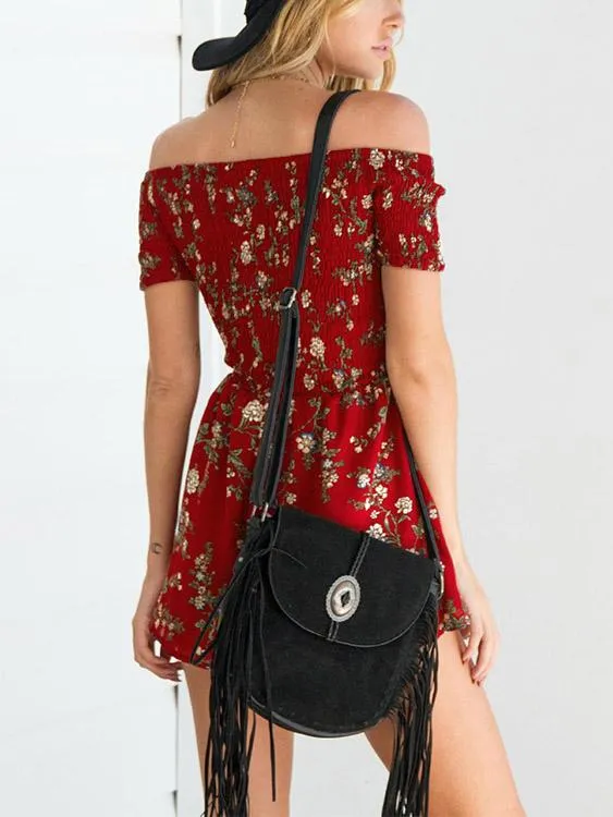 Wholesale Off The Shoulder Short Sleeve Floral Print Mini Dress