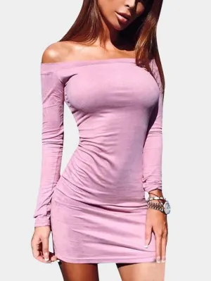 Wholesale Pink Off The Shoulder Long Sleeve Plain Bodycon Mini Dress