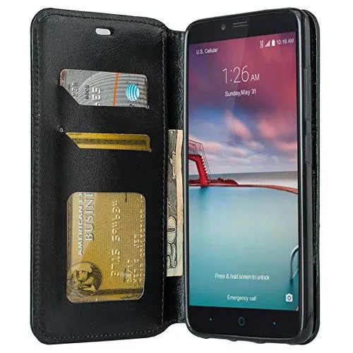 ZTE ZMAX Pro Case | Blade X Max | ZTE Carry | ZTE Grand X Max 2 Case | ZTE Imperial Max Case | ZTE Max Duo Pu Leather Magnetic Fold[Kickstand] Wallet Case with ID & Card Slots - Black